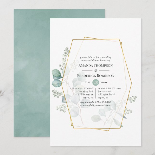Watercolor Eucalyptus Geometric Rehearsal Dinner Invitation (Front/Back)