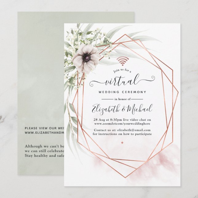 Watercolor Eucalyptus Geometric Virtual Wedding Invitation (Front/Back)