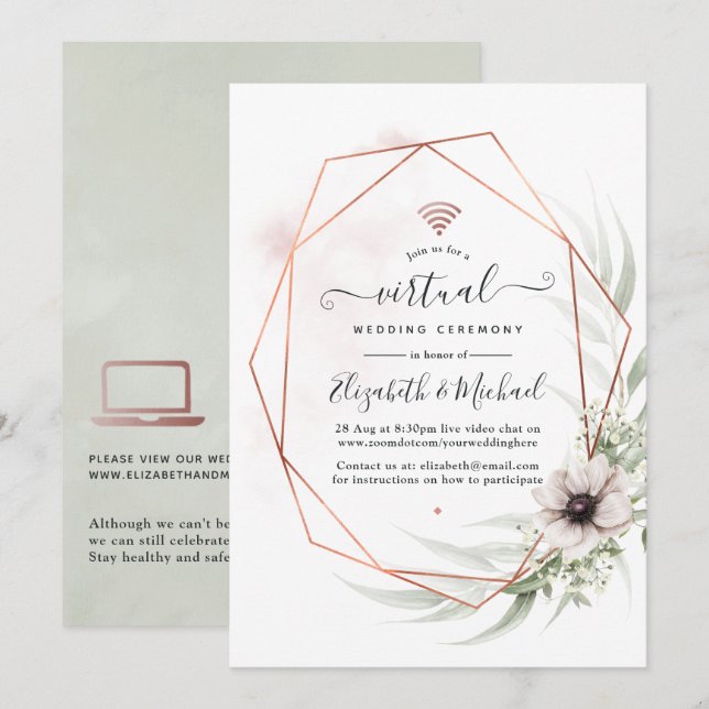 Watercolor Eucalyptus Geometric Virtual Wedding Invitation (Front/Back)