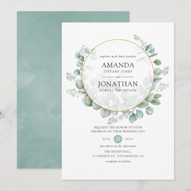 Watercolor Eucalyptus Geometric Wedding Invitation (Front/Back)