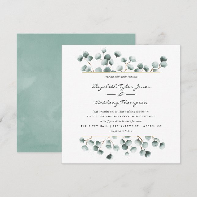 Watercolor Eucalyptus Geometric Wedding Invitation (Front/Back)
