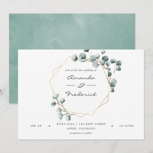 Watercolor Eucalyptus Geometric Wedding Invitation (Front/Back)