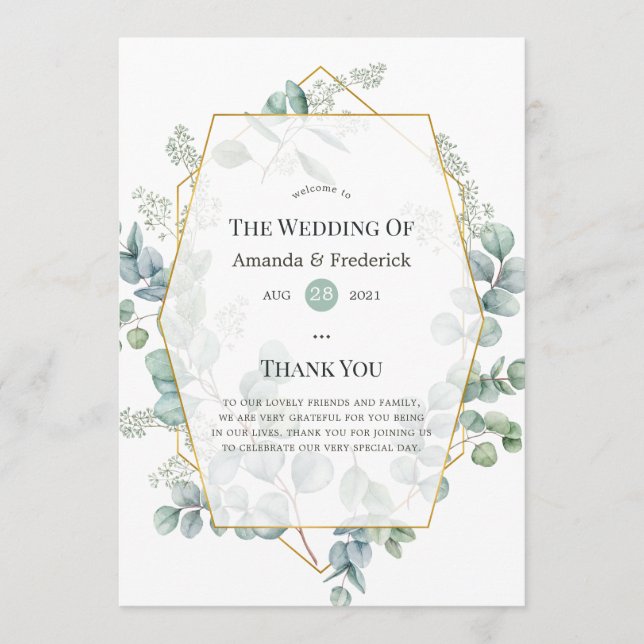 Watercolor Eucalyptus Geometric Wedding Programme (Front)
