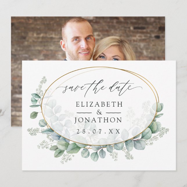 Watercolor Eucalyptus Geometric Wedding Save The Date (Front/Back)