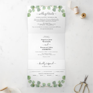 Watercolor Eucalyptus & Gold Classic Wedding Tri-Fold Invitation