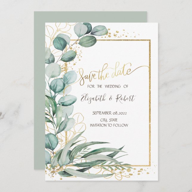 Watercolor Eucalyptus Gold Frame Save The Date (Front/Back)