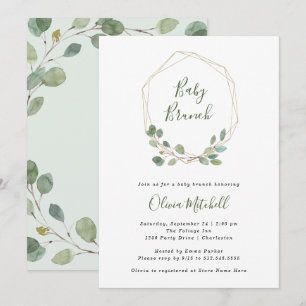 Watercolor Eucalyptus Gold Geometric Baby Brunch Invitation