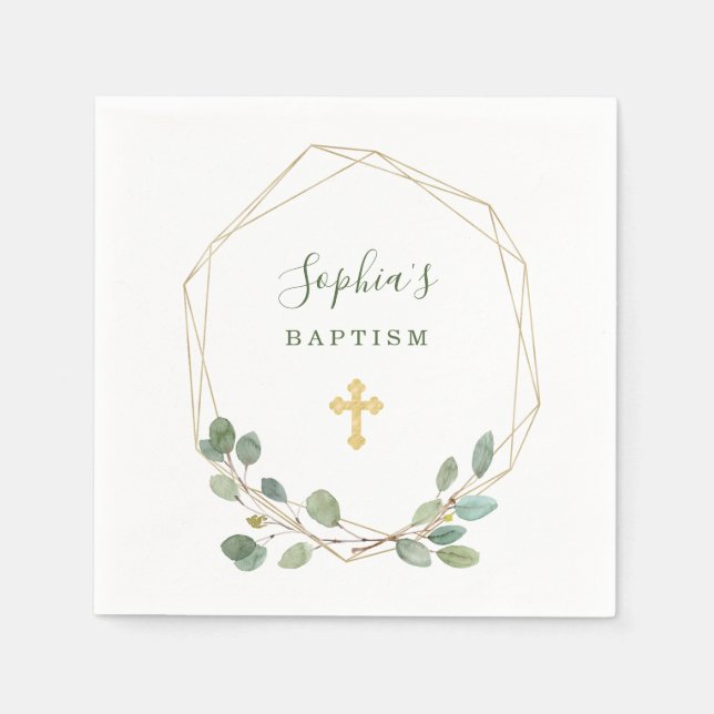 Watercolor Eucalyptus Gold Geometric | Baptism Napkin (Front)