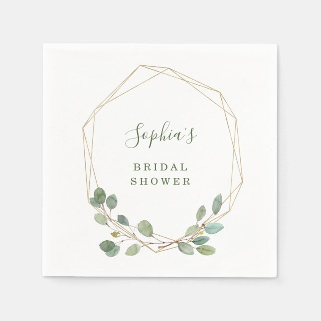 Watercolor Eucalyptus Gold Geometric Bridal Shower Napkin (Front)