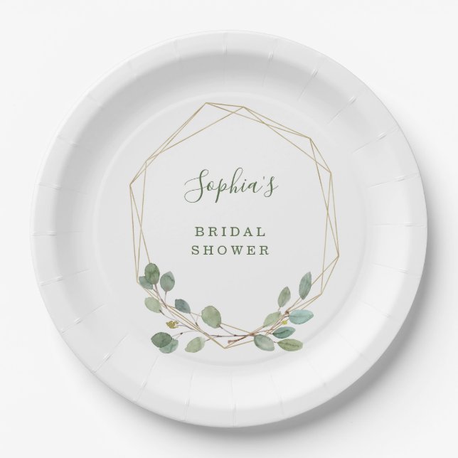 Watercolor Eucalyptus Gold Geometric Bridal Shower Paper Plate (Front)