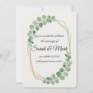 Watercolor Eucalyptus Gold Geometric Wedding Invitation