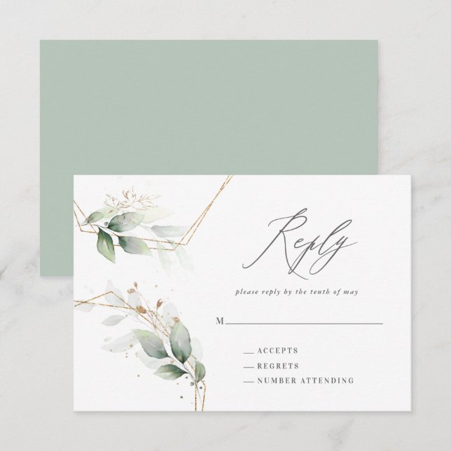 Watercolor eucalyptus gold geometric wedding reply RSVP card (Front/Back)