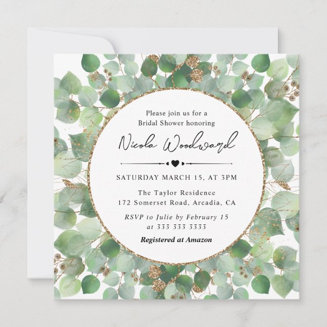 Watercolor Eucalyptus gold glitter Bridal Shower Invitation (Front)