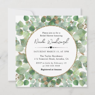 Watercolor Eucalyptus gold glitter Bridal Shower Invitation