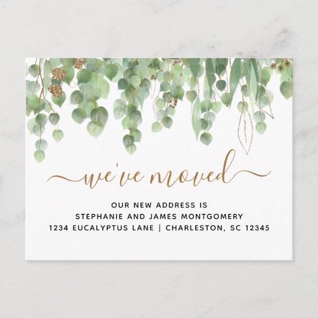 Watercolor Eucalyptus Gold Glitter Foil Moving Announcement Postcard (Front)