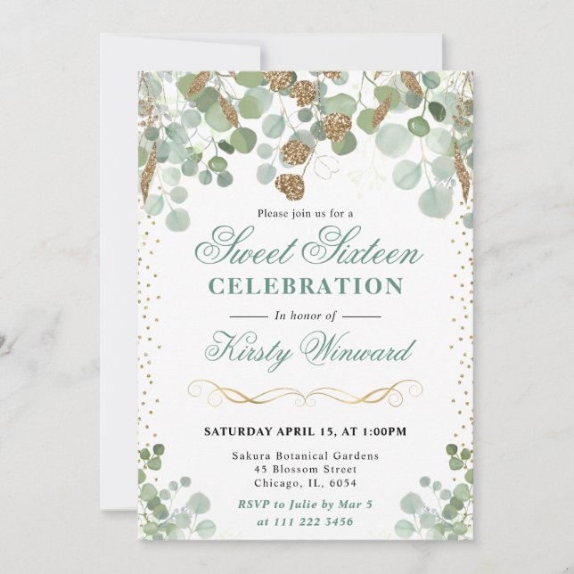 Watercolor Eucalyptus Gold Glitter Sweet 16 Invitation (Front)