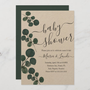 Watercolor Eucalyptus Green Baby Shower Kraft Invitation