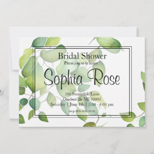 Watercolor eucalyptus green foliage bridal shower invitation