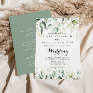 Watercolor Eucalyptus Green Front & Back Wedding Invitation