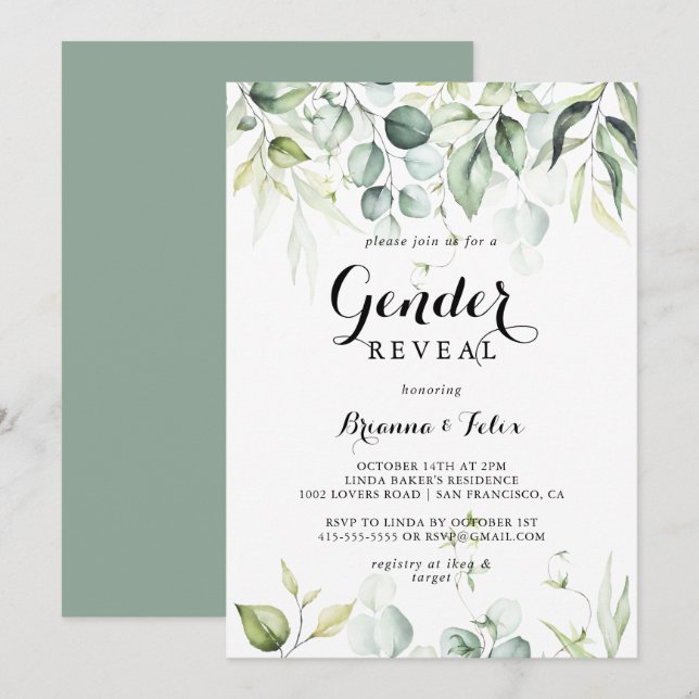 Watercolor Eucalyptus Green Gender Reveal Party  Invitation (Front/Back)