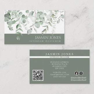 Watercolor Eucalyptus Green Interior Designer Business Card
