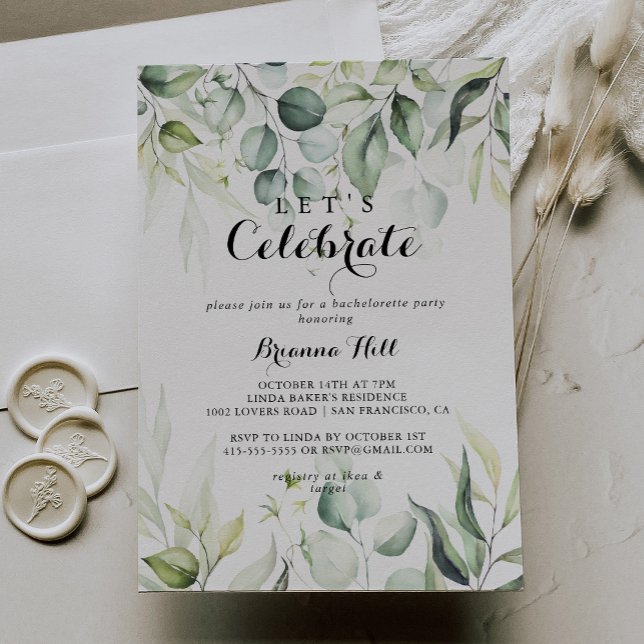 Watercolor Eucalyptus Green Let's Celebrate Party Invitation (Creator Uploaded)