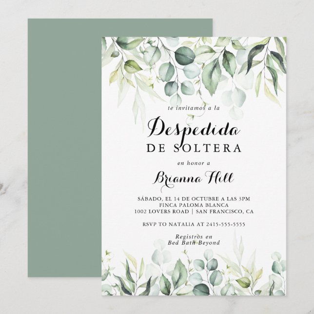 Watercolor Eucalyptus Green Spanish Bridal Shower  Invitation (Front/Back)