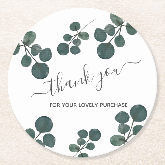Watercolor Eucalyptus Green Thank You   Business Round Paper Coaster (Front)