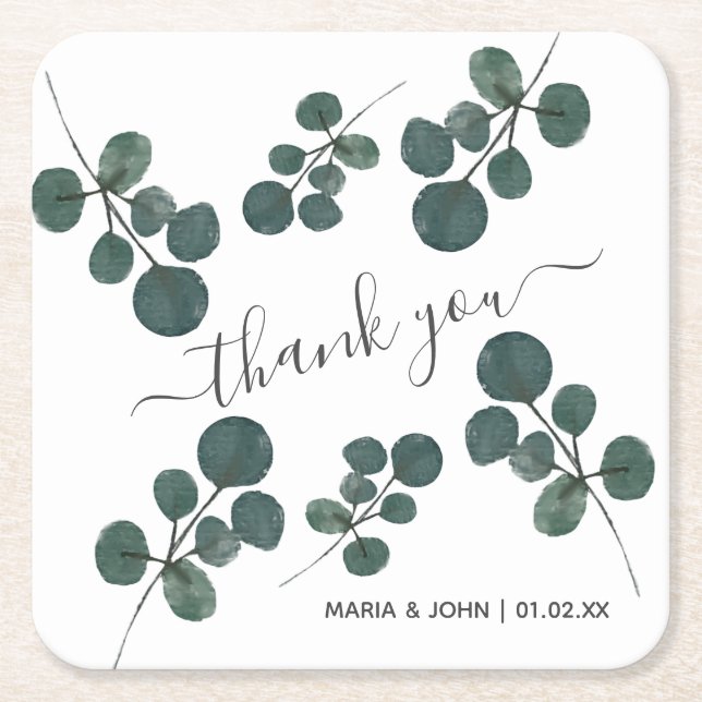 Watercolor Eucalyptus Green Thank You     Square Paper Coaster (Front)