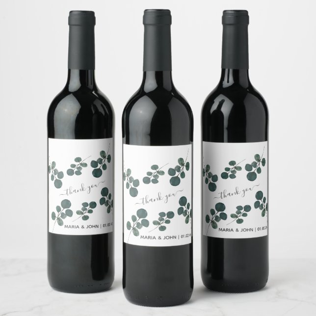 Watercolor Eucalyptus Green Thank You Wine Label (Bottles)