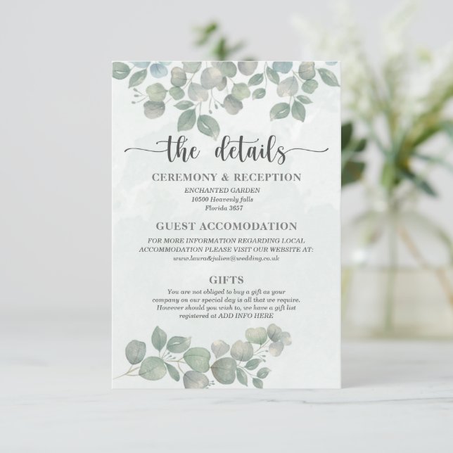 Watercolor eucalyptus Green Wedding Details Enclosure Card (Standing Front)