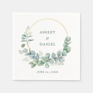 Watercolor Eucalyptus Green Wedding Gold Frame Napkin