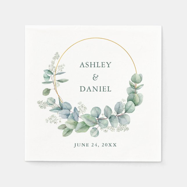 Watercolor Eucalyptus Green Wedding Gold Frame Napkin (Front)