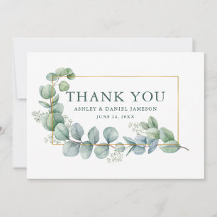 Watercolor Eucalyptus Green Wedding Gold Frame Thank You Card