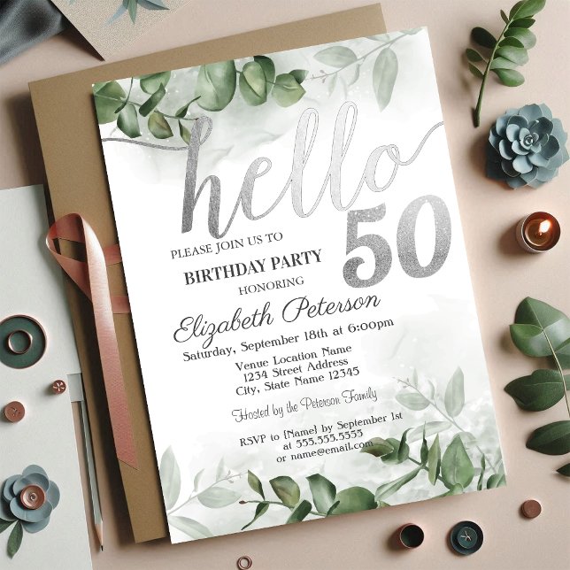 Watercolor Eucalyptus Greener 50th Birthday Party  Invitation (Creator Uploaded)
