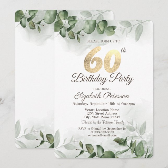 Watercolor Eucalyptus Greenery 60th Birthday   Invitation (Front/Back)
