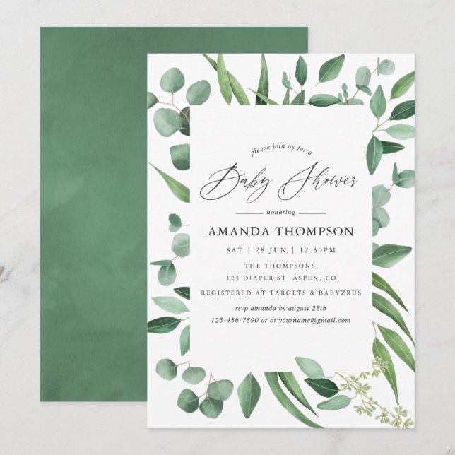 Watercolor Eucalyptus Greenery Baby Shower Invitation (Front/Back)