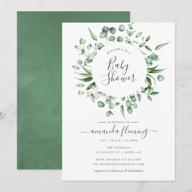 Watercolor Eucalyptus Greenery Baby Shower Invitation (Front/Back)