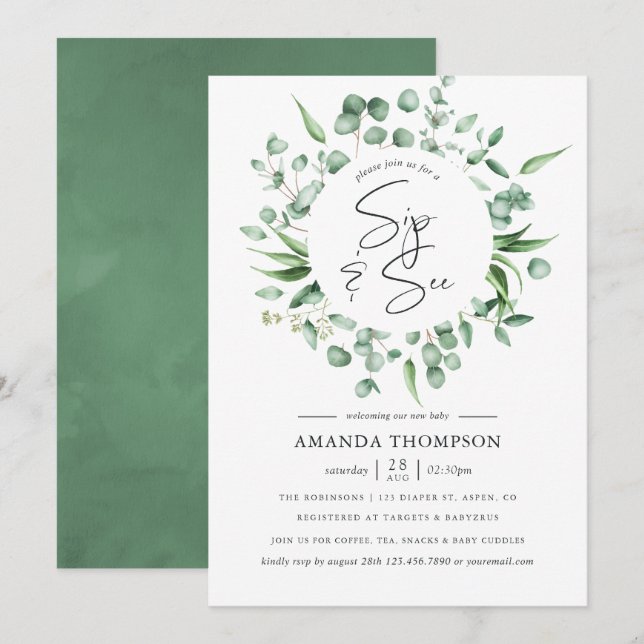 Watercolor Eucalyptus Greenery Baby Sip and See Invitation (Front/Back)
