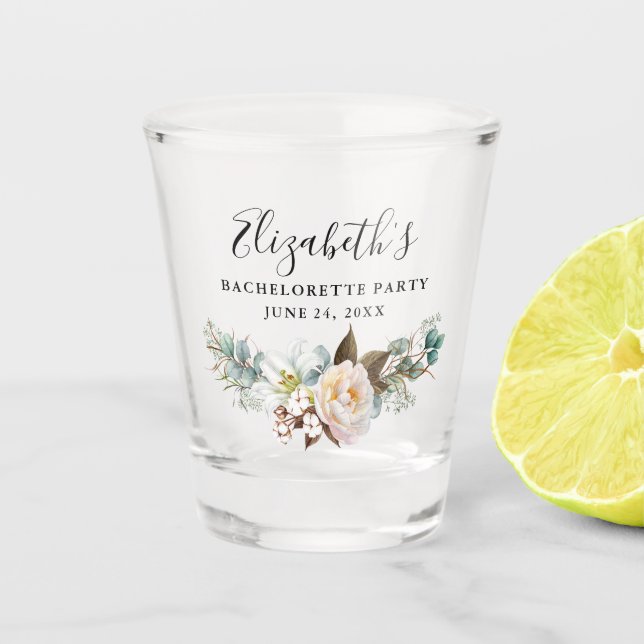Watercolor Eucalyptus Greenery Bachelorette Party Shot Glass (Front)