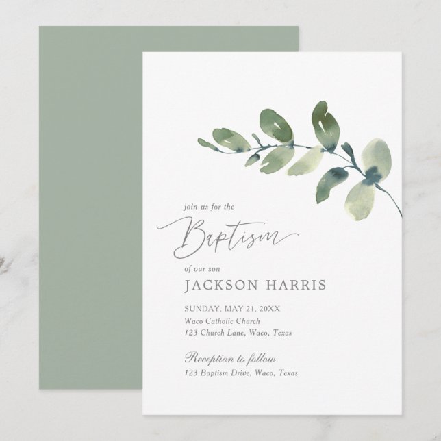 Watercolor Eucalyptus Greenery Baptism Invitation (Front/Back)