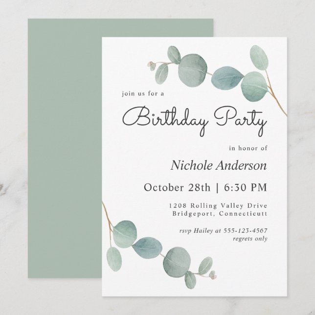 Watercolor Eucalyptus Greenery Birthday Party Invitation (Front/Back)