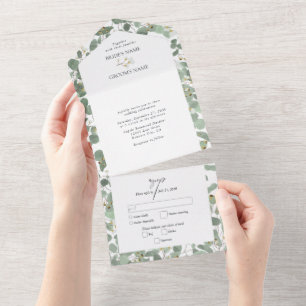Watercolor Eucalyptus Greenery Blossoms Wedding All In One Invitation