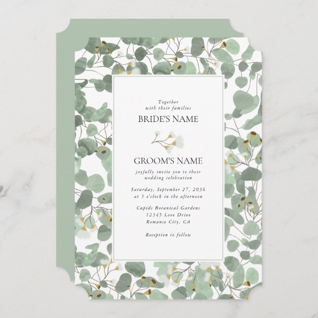 Watercolor Eucalyptus Greenery Blossoms Wedding Invitation (Front/Back)