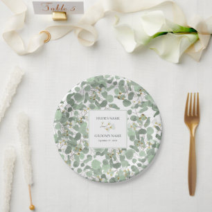 Watercolor Eucalyptus Greenery Blossoms Wedding Paper Plate