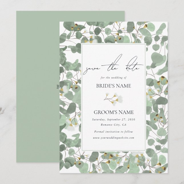 Watercolor Eucalyptus Greenery Blossoms Wedding Save The Date (Front/Back)