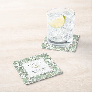 Watercolor Eucalyptus Greenery Blossoms Wedding Square Paper Coaster