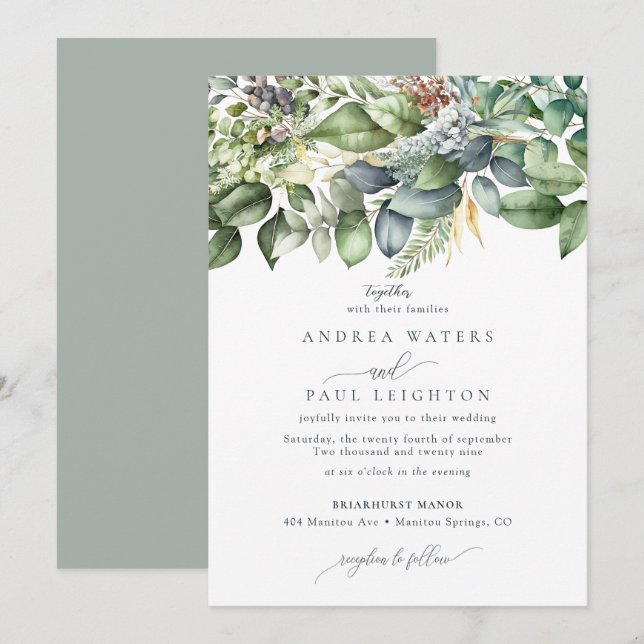 Watercolor Eucalyptus Greenery | Botanical Wedding Invitation (Front/Back)