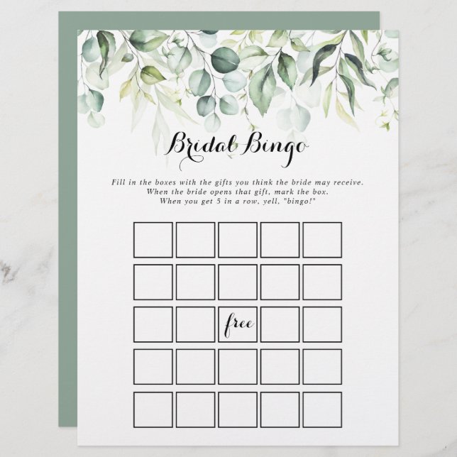 Watercolor Eucalyptus Greenery Bridal Bingo Game (Front/Back)