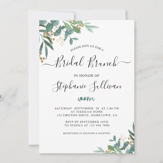 Watercolor Eucalyptus Greenery Bridal Brunch Invitation (Front)